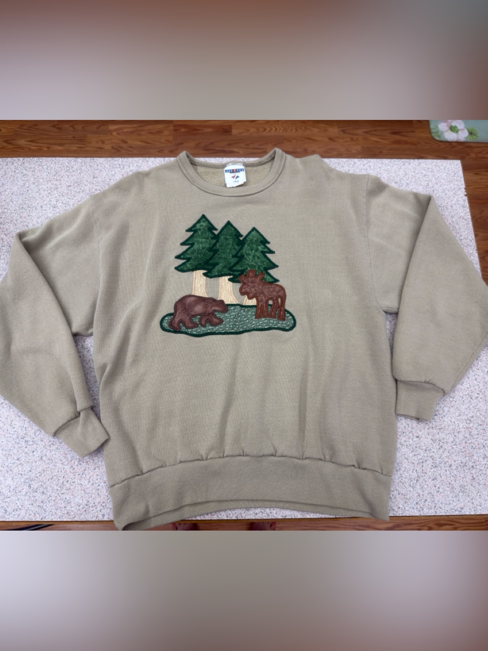 Jerzees Taupe Crewneck Sweatshirt with Forest & Moose Applique